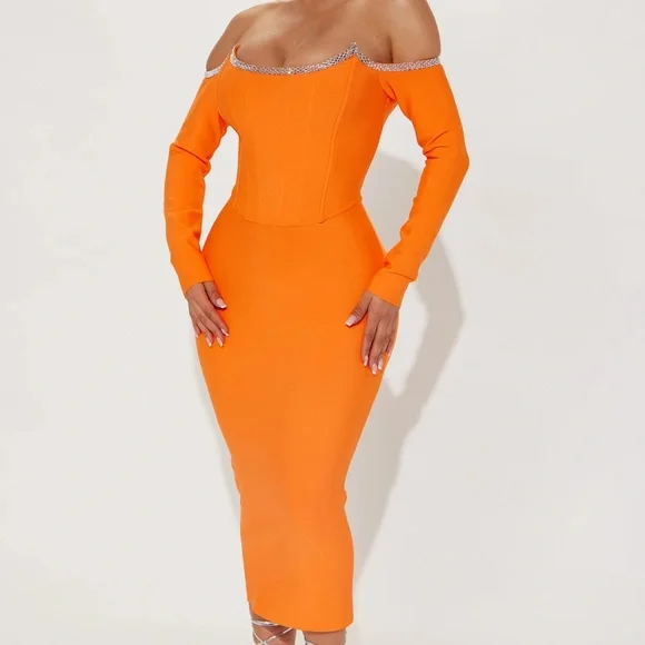 knee length dresses for ladies Orange Sasha Cut Out Bandage Midi Dress
